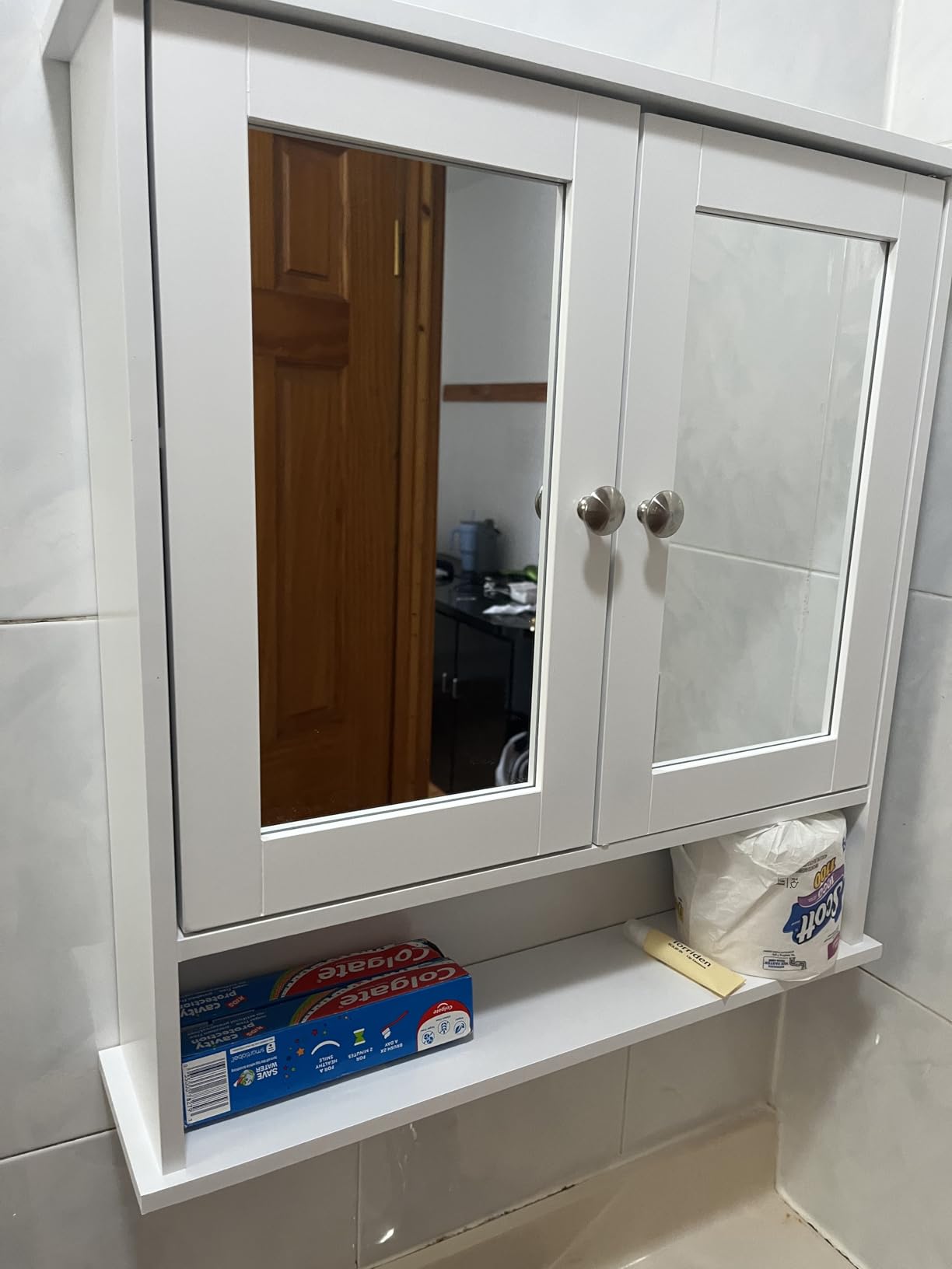 Tangkula Bathroom Medicine Cabinet with Mirror, Wall Mounted Wooden Hanging Organizer with Doors and Shelves, Bathroom Wall Mirror Cabinet (Mirror Doors, White) customer photo 2