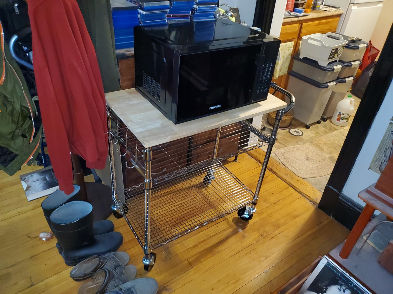 Finnhomy 3-Tier Rolling Kitchen Cart, Microwave Cart with Oak Wood Tabletop and Drawer Slider, Coffee Cart & Food Service Cart with Hooks, Chrome customer photo 2