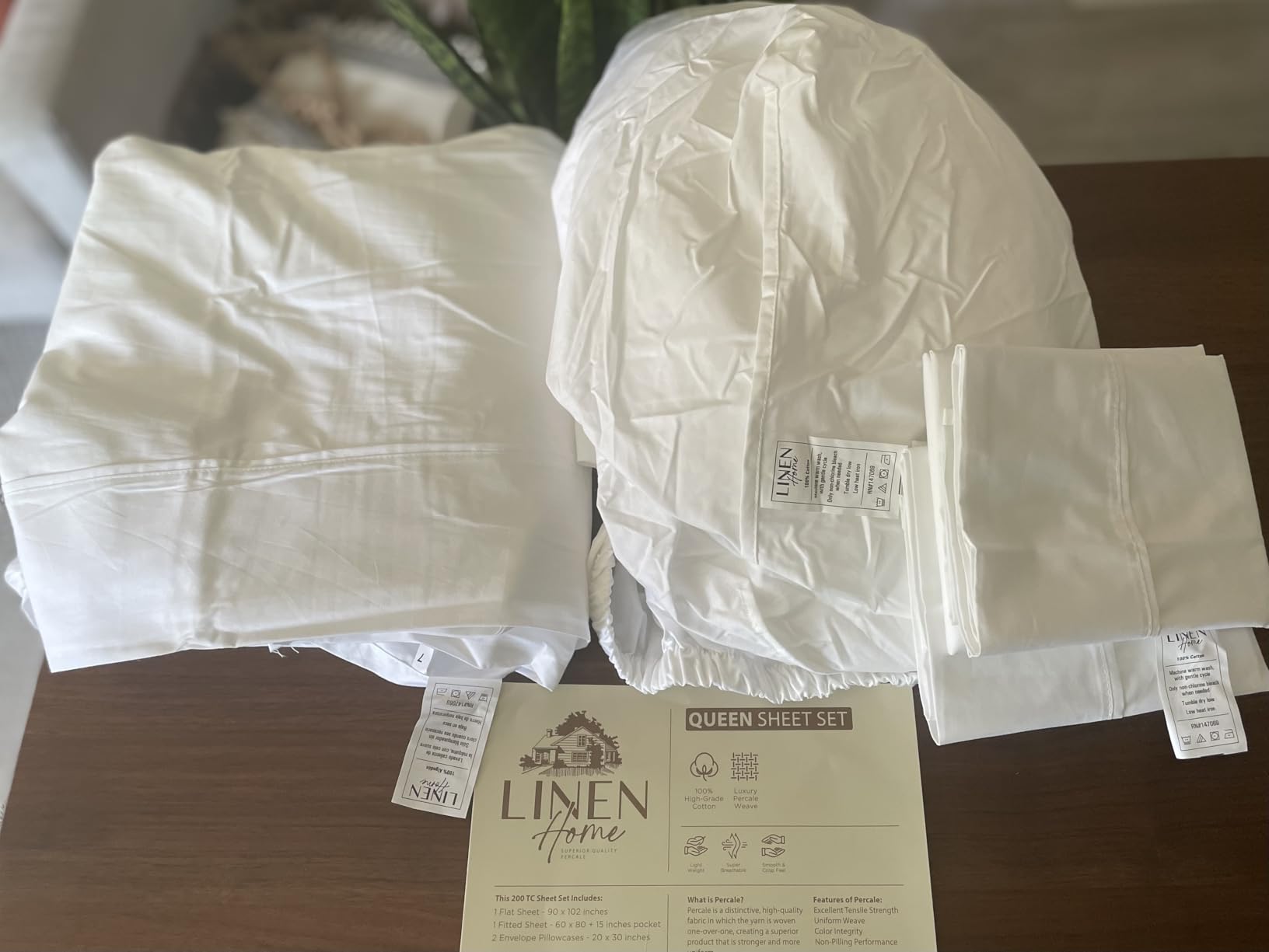 Linen Home 100% Cotton Percale Sheets Queen Size 4 Pc Cooling Set - White customer photo 2