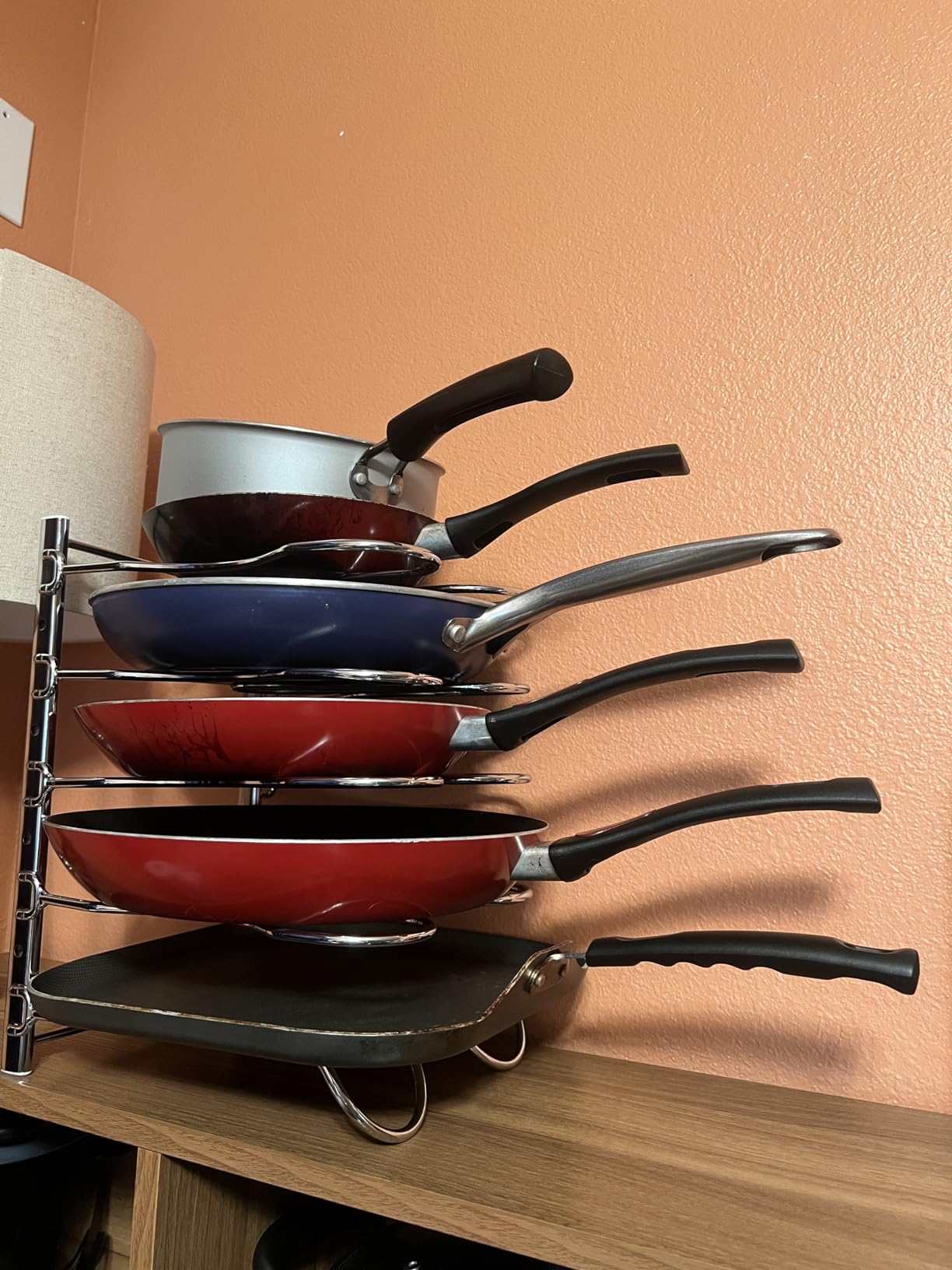 CAXXA Heavy Duty Pan Rack, Pot Lid Rack, Kitchen Cabinet Pantry Cookware Organizer Rack Holder with 5 Adjustable Dividers, Chrome customer photo 1