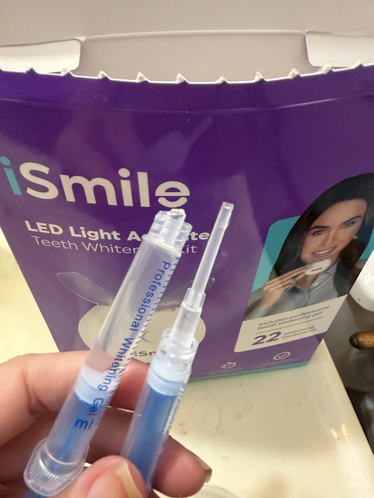 iSmile Teeth Whitening Kit - LED Light, 35% Carbamide Peroxide, (3) 3ml Gel Syringes, (1) Remineralization Gel, and Tray. customer photo 1