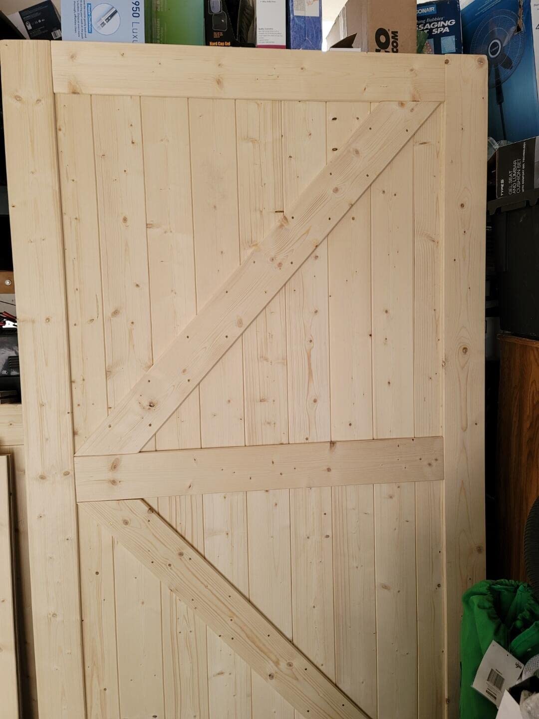 SmartStandard 36in x 84in Sliding Barn Wood Door Pre-Drilled Ready to Assemble, DIY Unfinished Solid Spruce Wood Panelled Slab, Interior Single Door Only, Natural, K-Frame (Fit 6FT-6.6FT Rail) customer photo 2