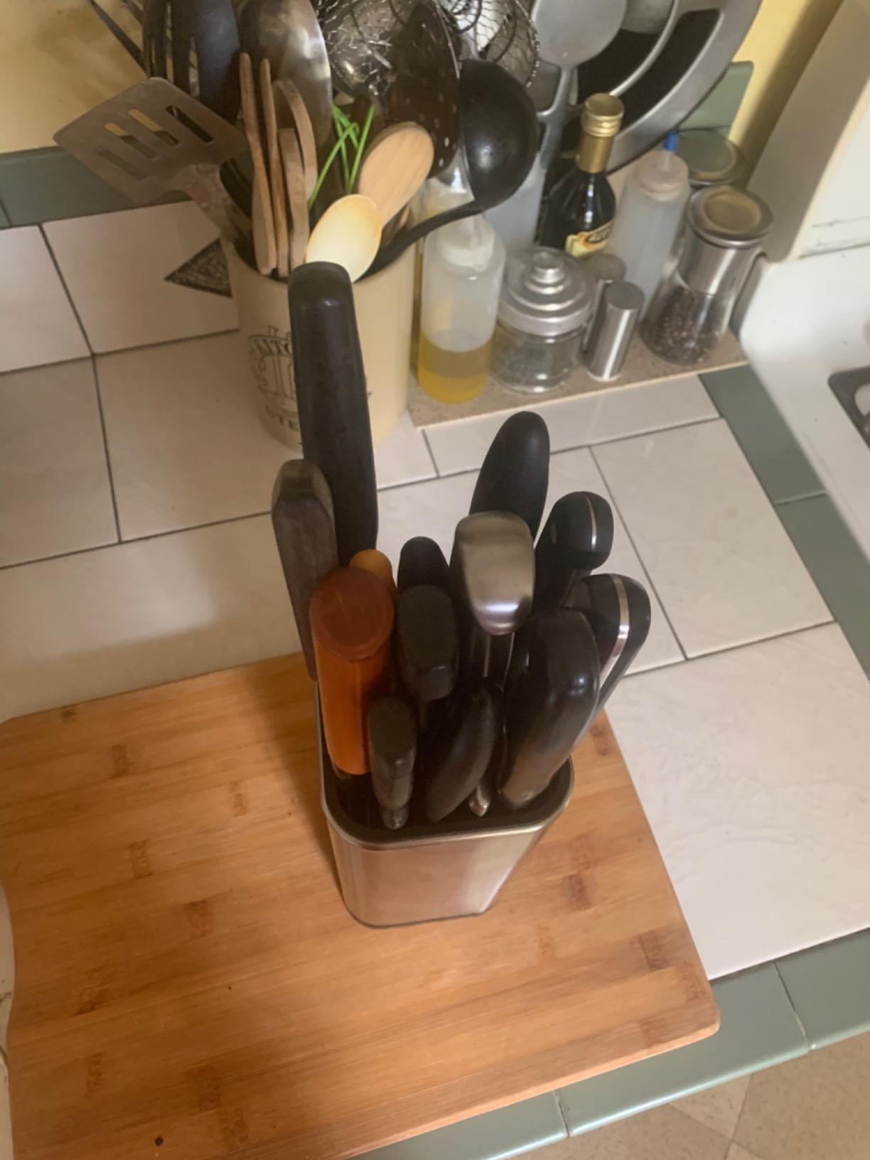 Laxinis World Universal Knife Block, Stainless-Steel Modern Rectangular Design with Scissors-Slot, Knife Holder Counter-top Storage, Holds 12 8”-Blade Knives, 9.1” by 4”(knives not included) customer photo 1