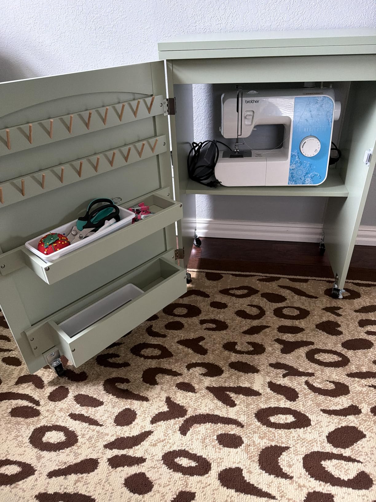 Best Choice Products Folding Sewing Table Multipurpose Craft Station & Side Desk with Compact Design, Wheels, Shelves, Storage Trays, Pegs, Magnetic Doors, Metal Doorknobs - White customer photo 2