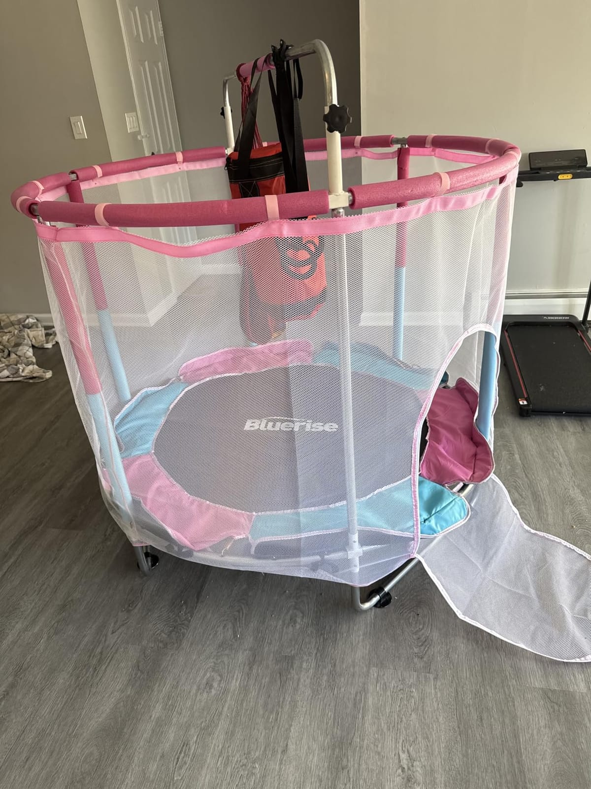 BLUERISE 55IN 6FT Indoor&Outdoor with Enclosure Trampoline for Kids Gift | Indoor&Outdoor Trampoline for kids，With Enclosure，Basketball Hoop，Swing，Adjustable Gym Bar，No-Gap Design，Anti-Rollover Bottom customer photo 1