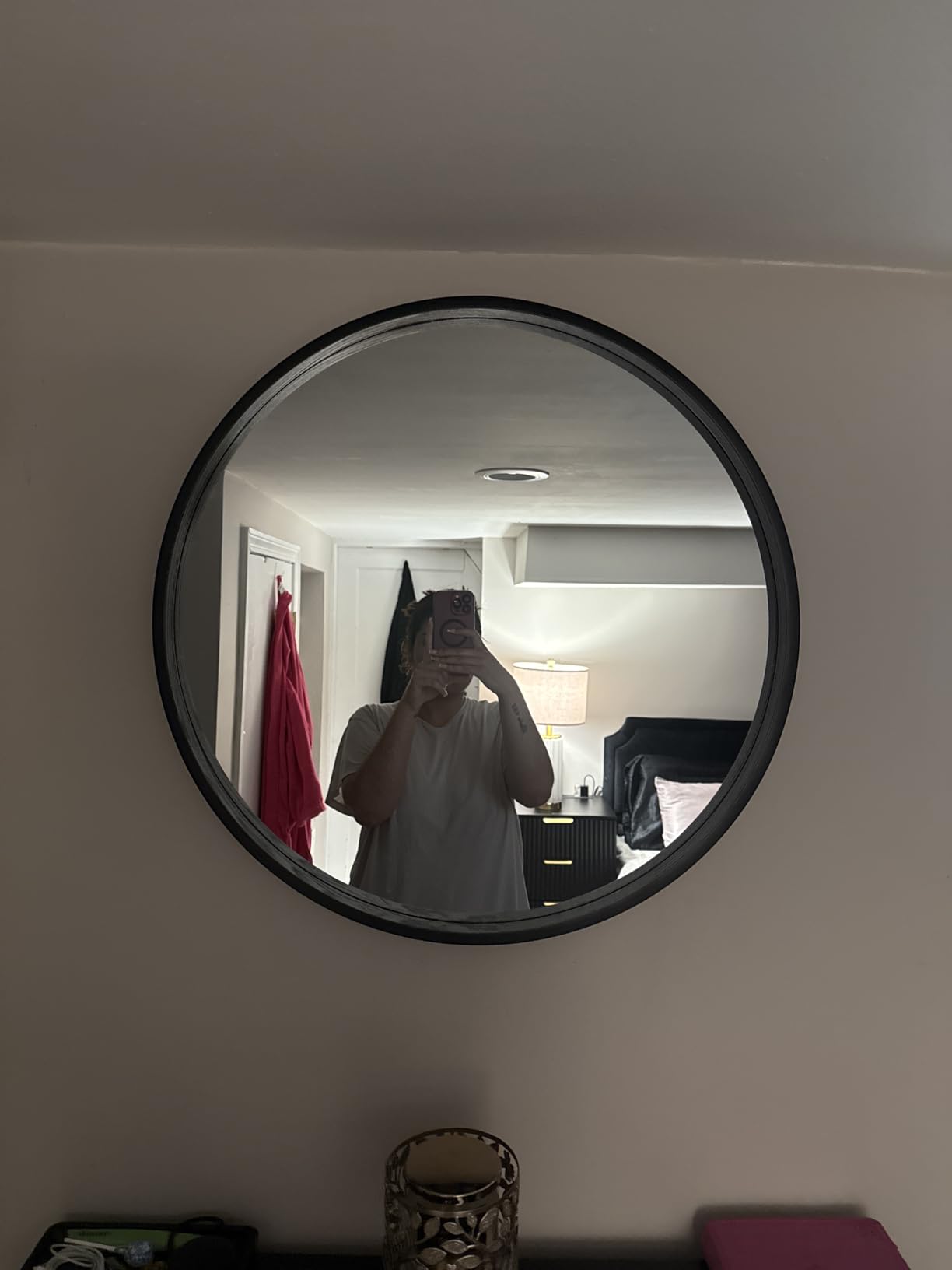 WallBeyond Wood Round Mirror with Wood Frame 24 inch Circle Wall Mirror for Bathroom Round Wall Mirror for Wall Decor, Vanity, Entryway Living Room (Walnut) customer photo 1