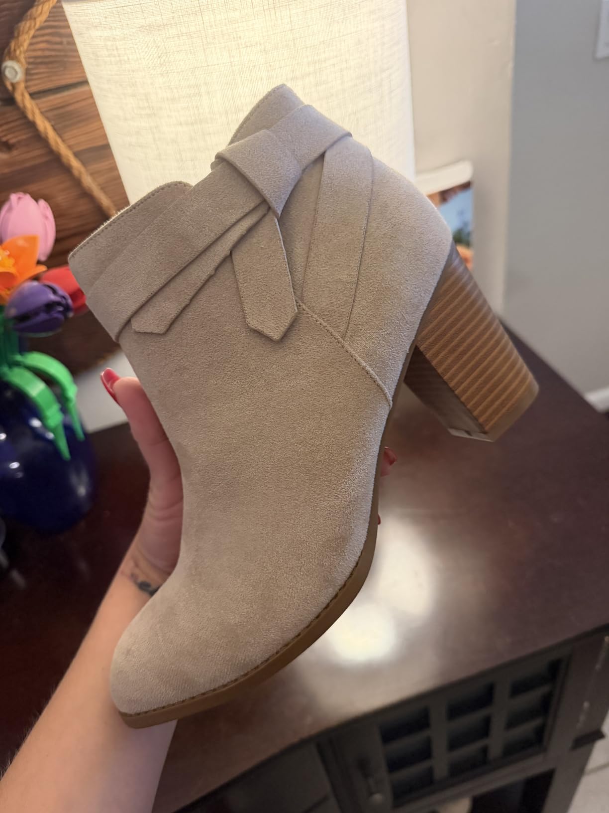 PiePieBuy Women's Tie Knot Chelsea Pump Ankle Boots Closed Toe Stacked Heel Booties Shoes customer photo 1
