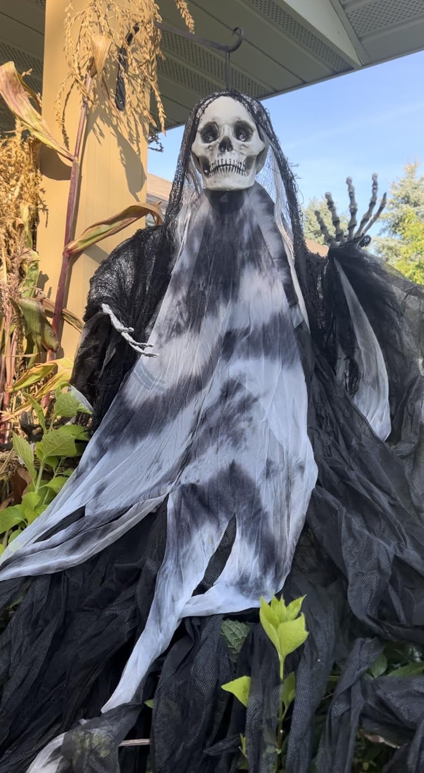 JOYIN Halloween Animated Hanging Grim Reaper Outdoor Decorations with Voice Control Glowing Eyes and Creepy Sound, Halloween Decoration for Haunted House Prop Graveyard Lawn Indoor Party Supplies customer photo 1