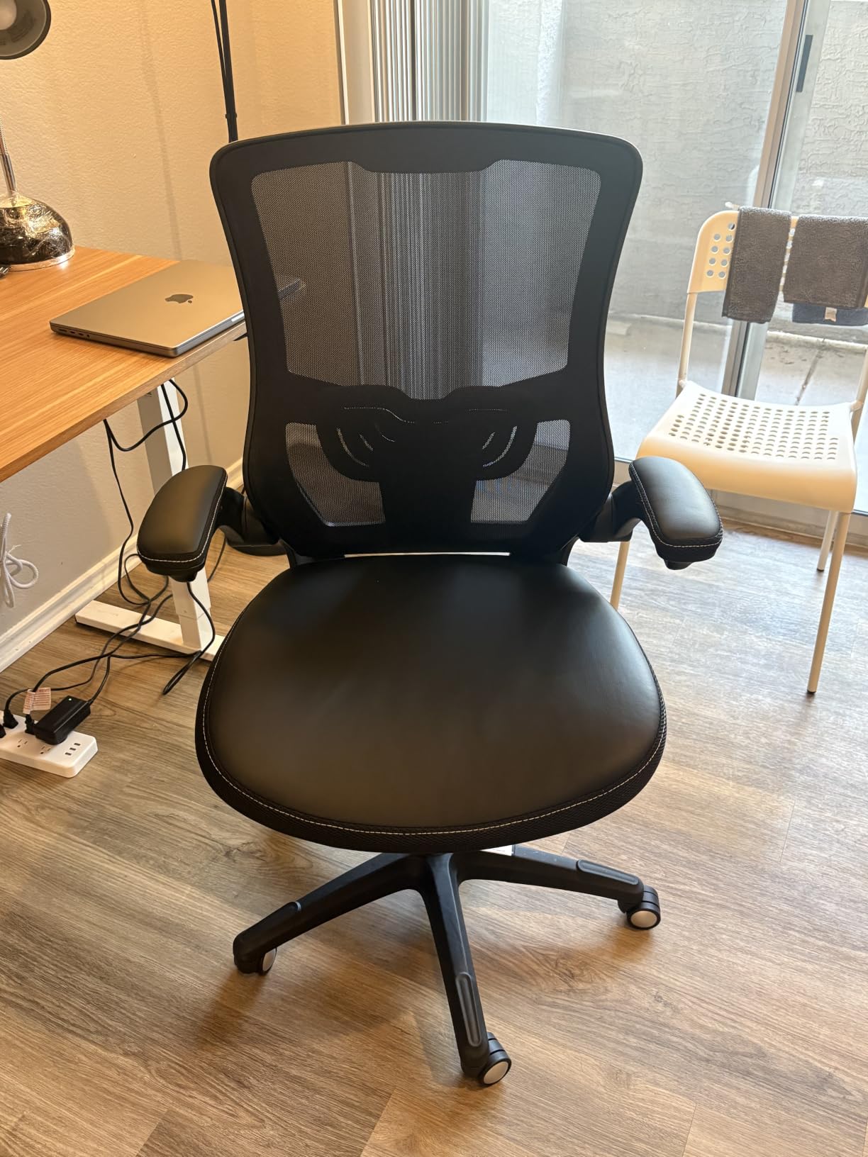 Office Chair Ergonomic Desk Chair, Computer PU Leather Home Office Chair, Swivel Mesh Back Adjustable Lumbar Support Flip-up Arms Executive Task Chair customer photo 2