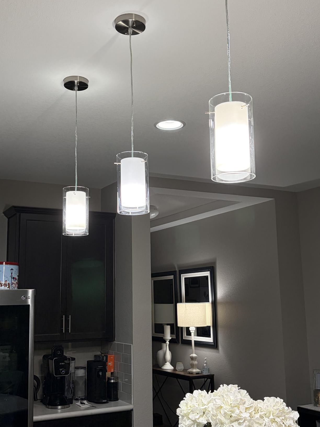 AKEZON Pendant Lights Kitchen Island 2 Pack, Brushed Nickel, Adjust Height | Flat/Slope wired Ceiling,modern design,Clear Glass,inner frosted white glass,E26 base,Hardwired Mount,Indoor Use,ETL Listed customer photo 2
