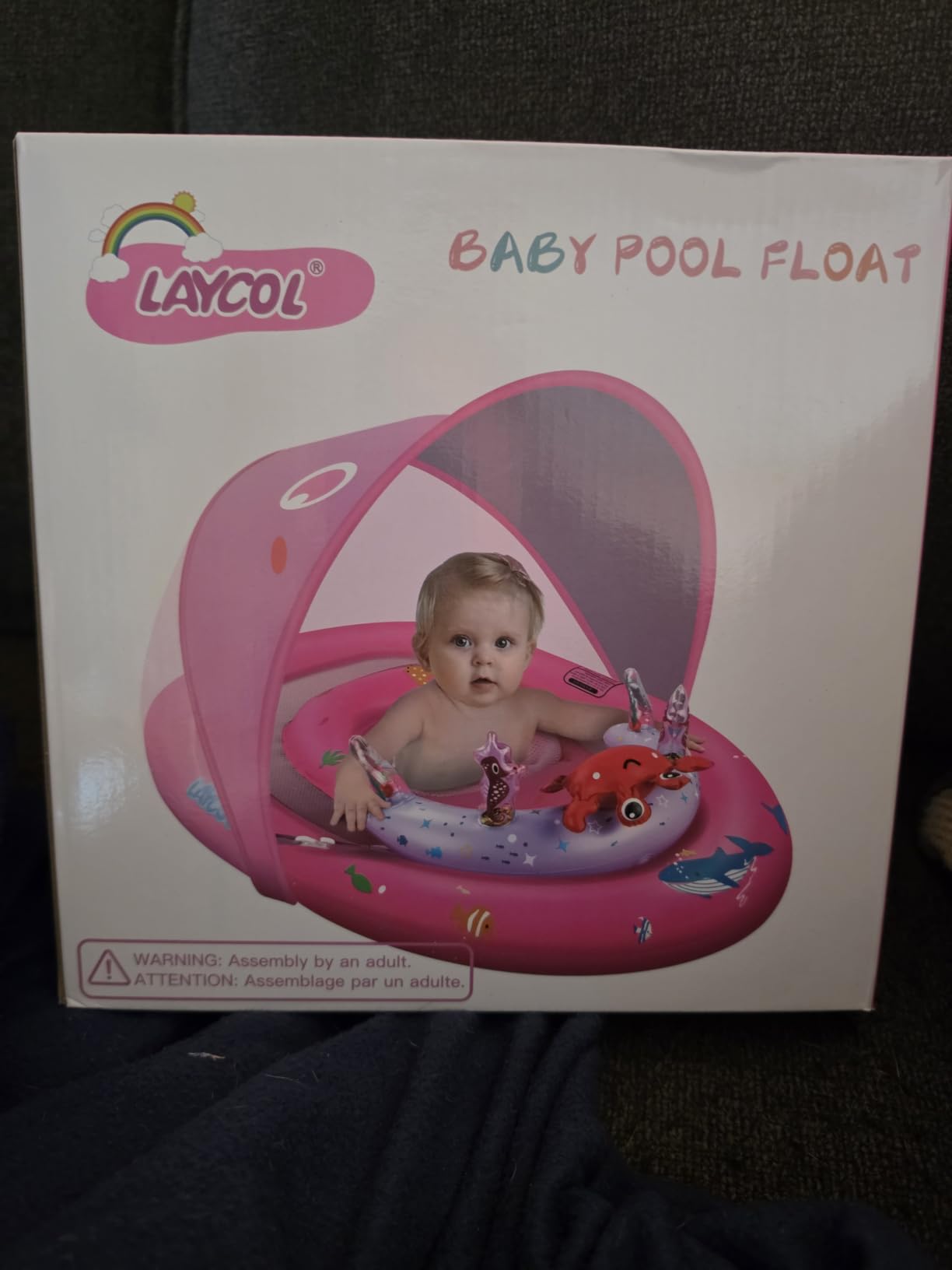 LAYCOL Baby Pool Float with Canopy UPF50+, 120°Adjustable Sun Protection and Anti-Tip Safety Seat, Inflatable Toddler Floaties Infant Pool Float with Animal Pool Toys, Baby Beach Essentials for 6-36M customer photo 2