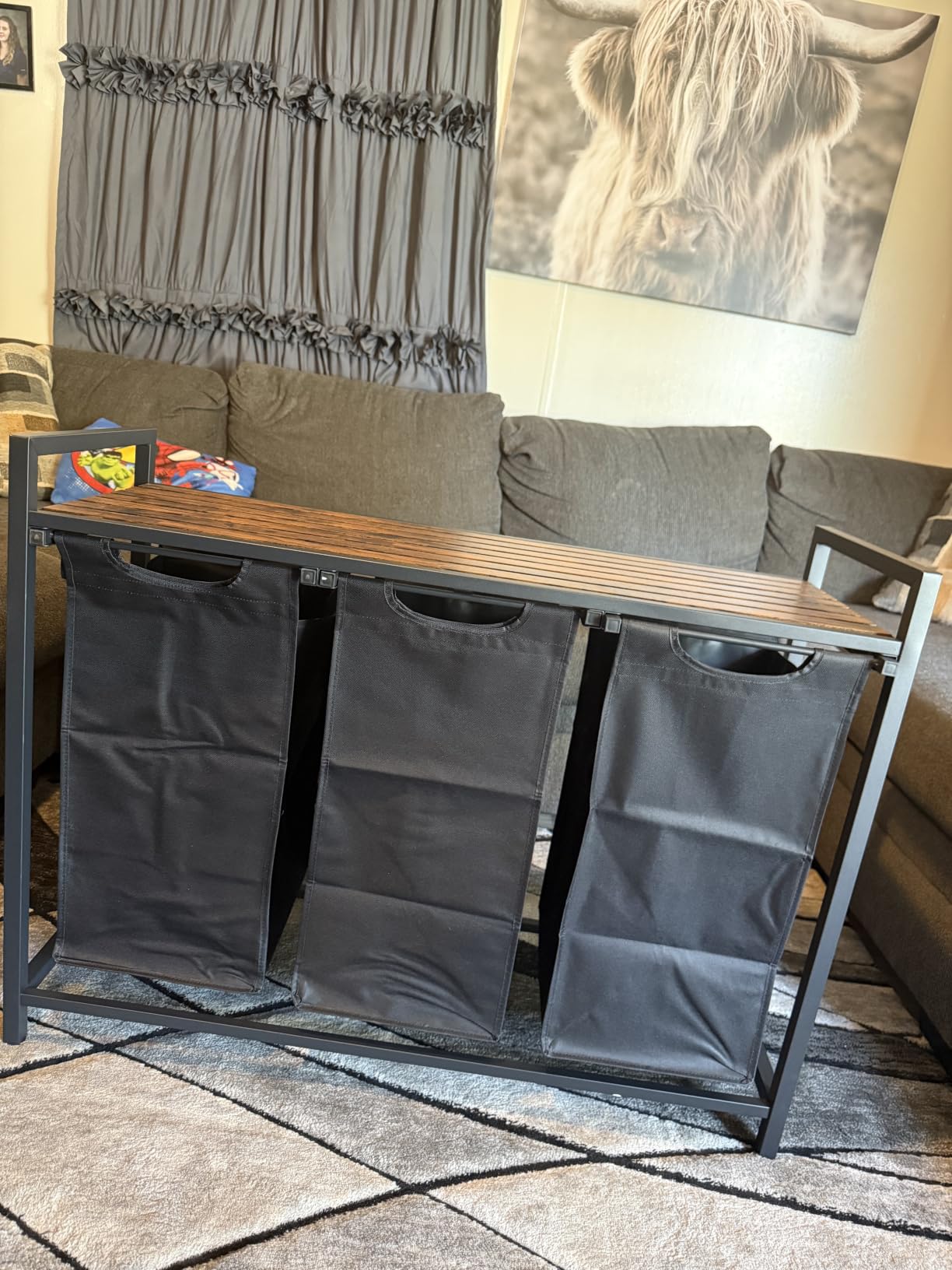 VASAGLE Laundry Hamper with Shelf, 3 Pull-Out Bags, 3 x 10.6 Gallons (40 L) | Laundry Basket, Laundry Sorter 3 Section, Metal Frame, Ink Black and Rustic Brown, BRENTA Collection UBLH301B01 customer photo 1