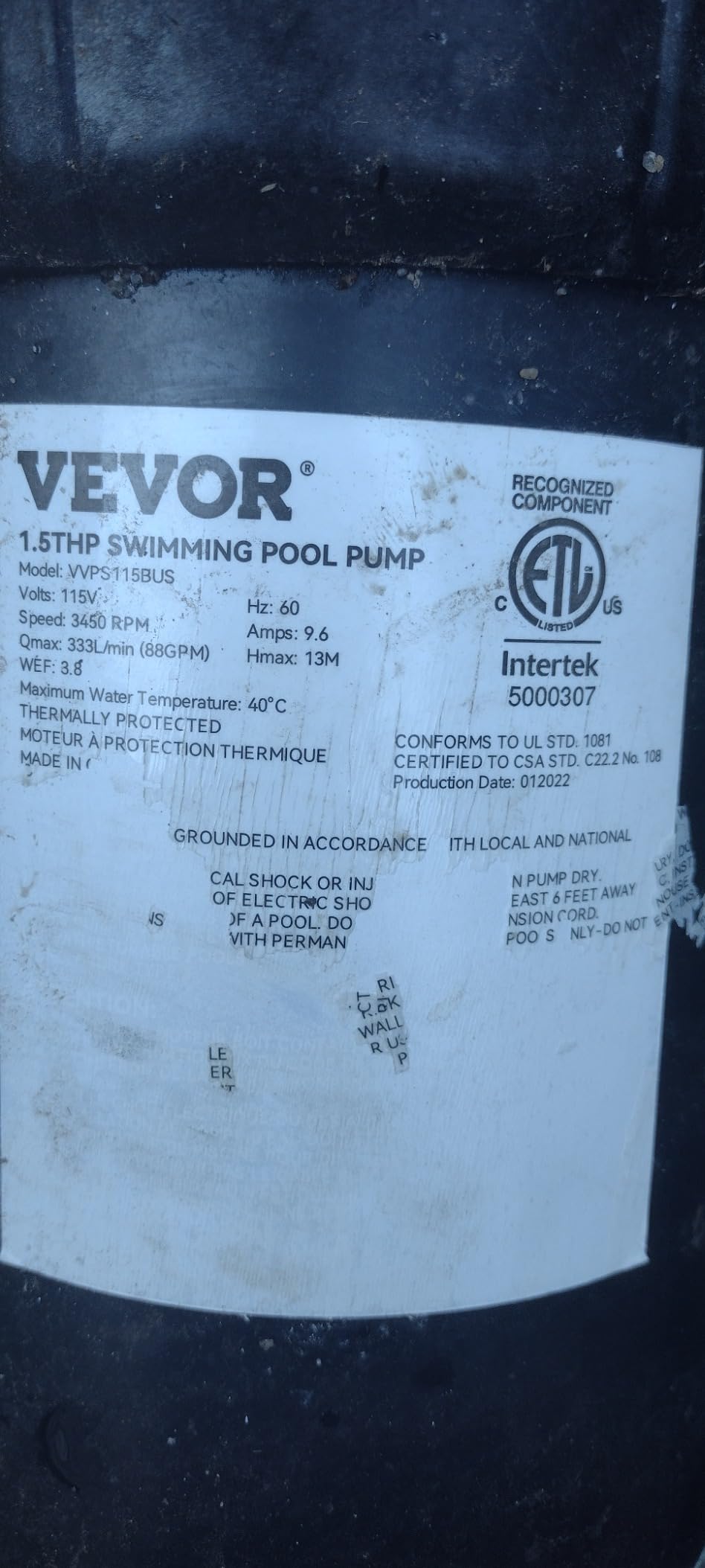 VEVOR Swimming Pool Pump 1.5 HP 5280 GPH Max Flow Single Speed Pump, 115 V customer photo 2