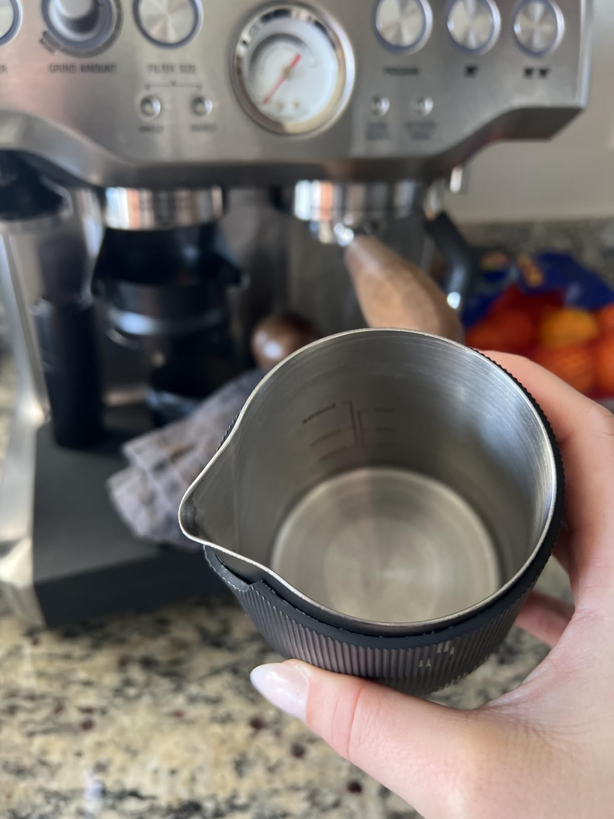 Normcore Handleless Milk Pitcher - Espresso Steaming Pitcher with Round Spout - 18/8 Stainless Steel Milk Frothing Jug, Black Non-Stick - Coffee Latte Frothing Pitcher - 20.3 oz (600 ml) customer photo 2