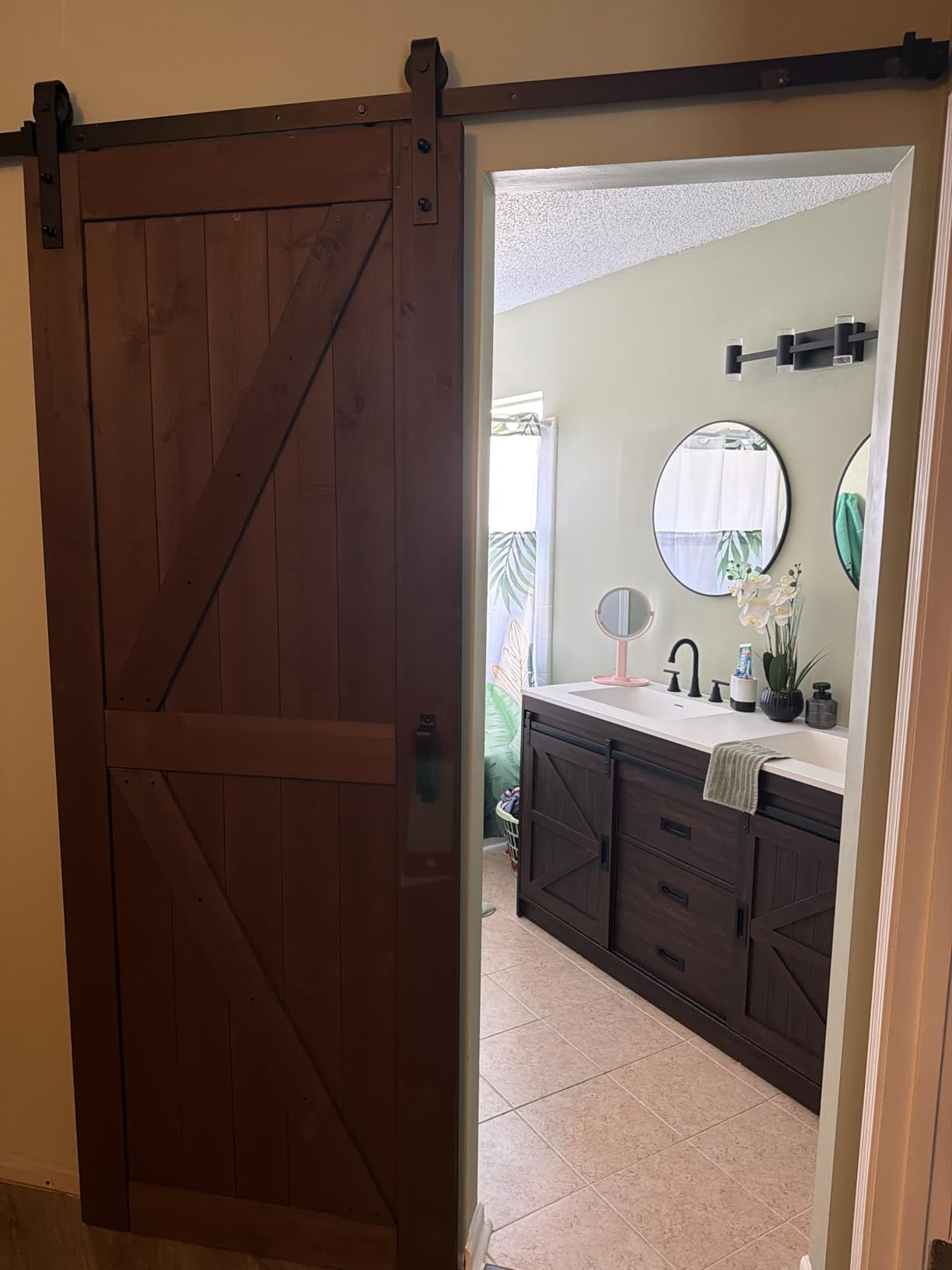 32x84 inch Sliding Barn Wood Door Slab with 5.5ft Hardware Kit and Handle, Coffee, K Shape, Simple DIY Assembly customer photo 2