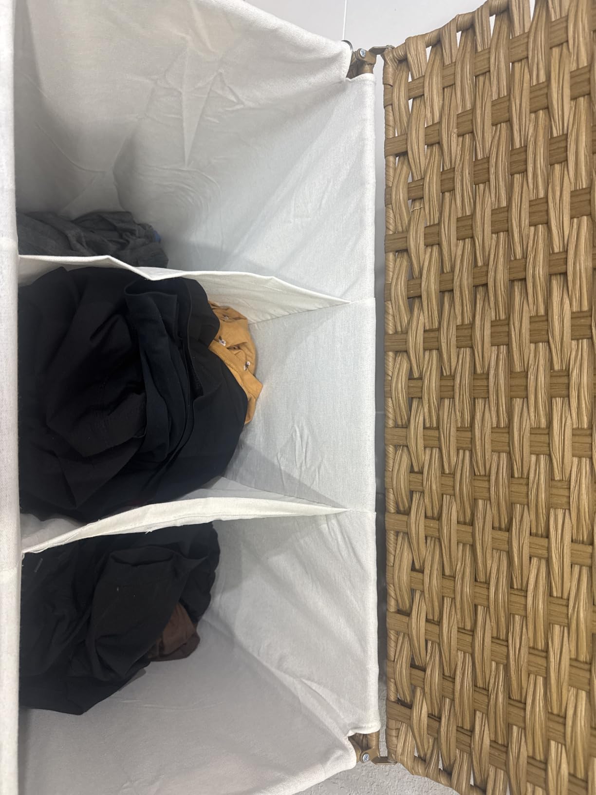 SONGMICS Rolling Laundry Hamper with Lid, 160 L 3-Section Synthetic Rattan | Laundry Basket with Wheels, Removable Liner, 29.9 x 13 x 26 Inches,Natural， ELIOTT Collection ULCB365N01 customer photo 1