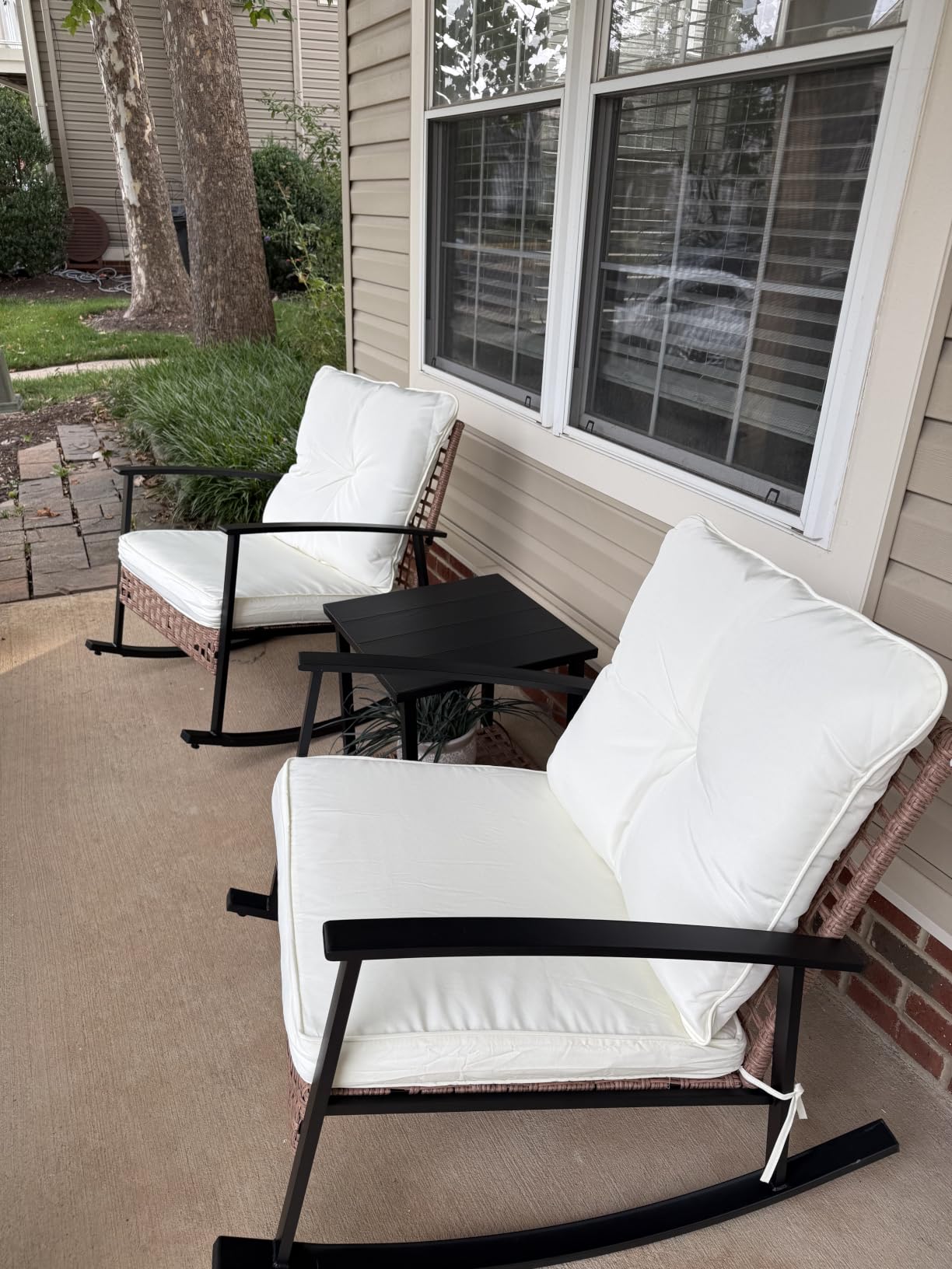 LAUSAINT HOME 3-Piece Rocking Bistro Set, Outdoor Patio Furniture with Thick Cushions and 2-Tier Coffee Table, Oversize Rattan Conversation Set for Garden, Balcony, Backyard (Beige) customer photo 2