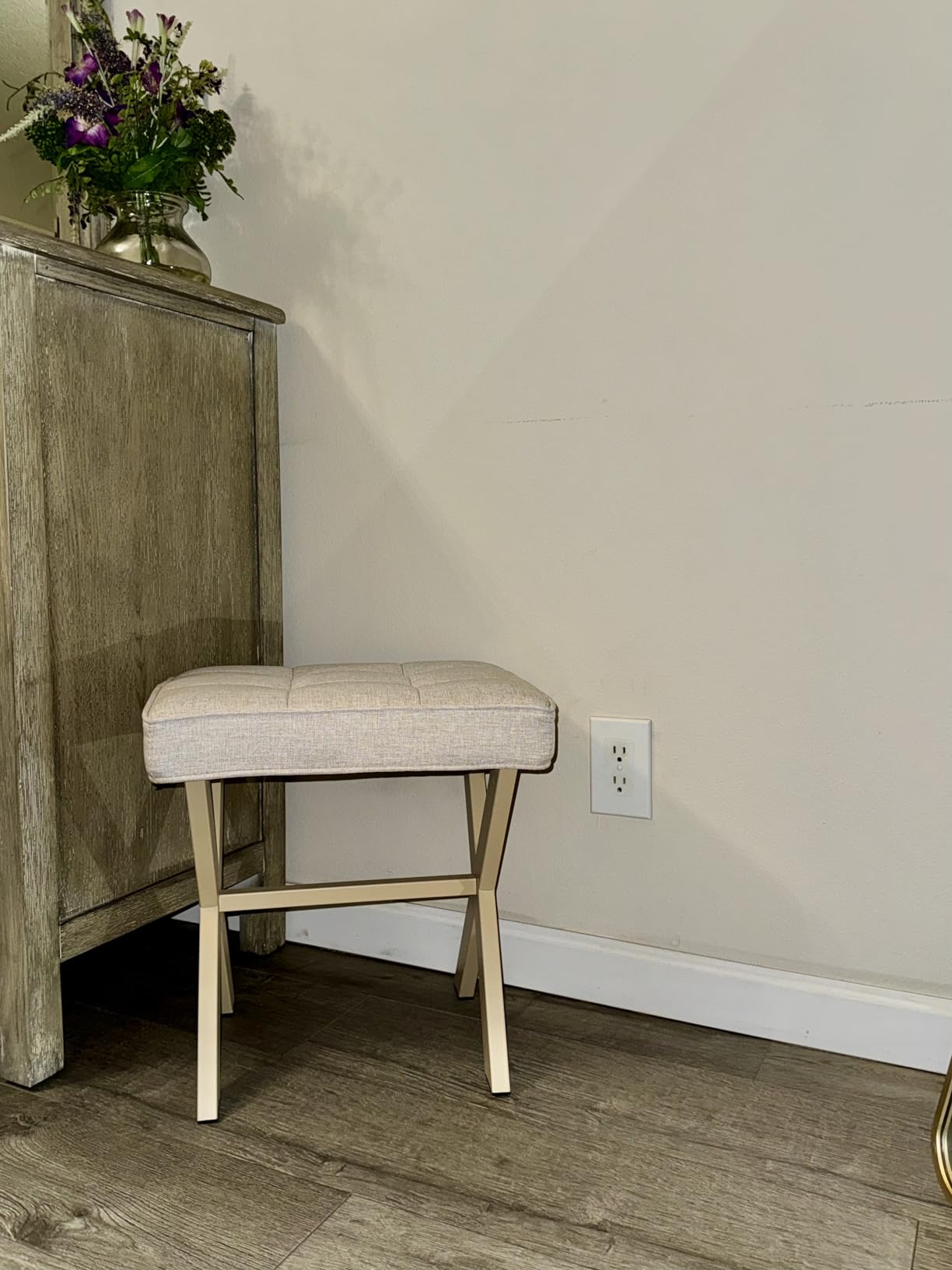 LUE BONA Square Linen Makeup Stool, Metal X Legs, Small Ottoman Stool Chair for Vanity, Modern Padded Seat Foot Rest for Makeup Room, Bathroom customer photo 2