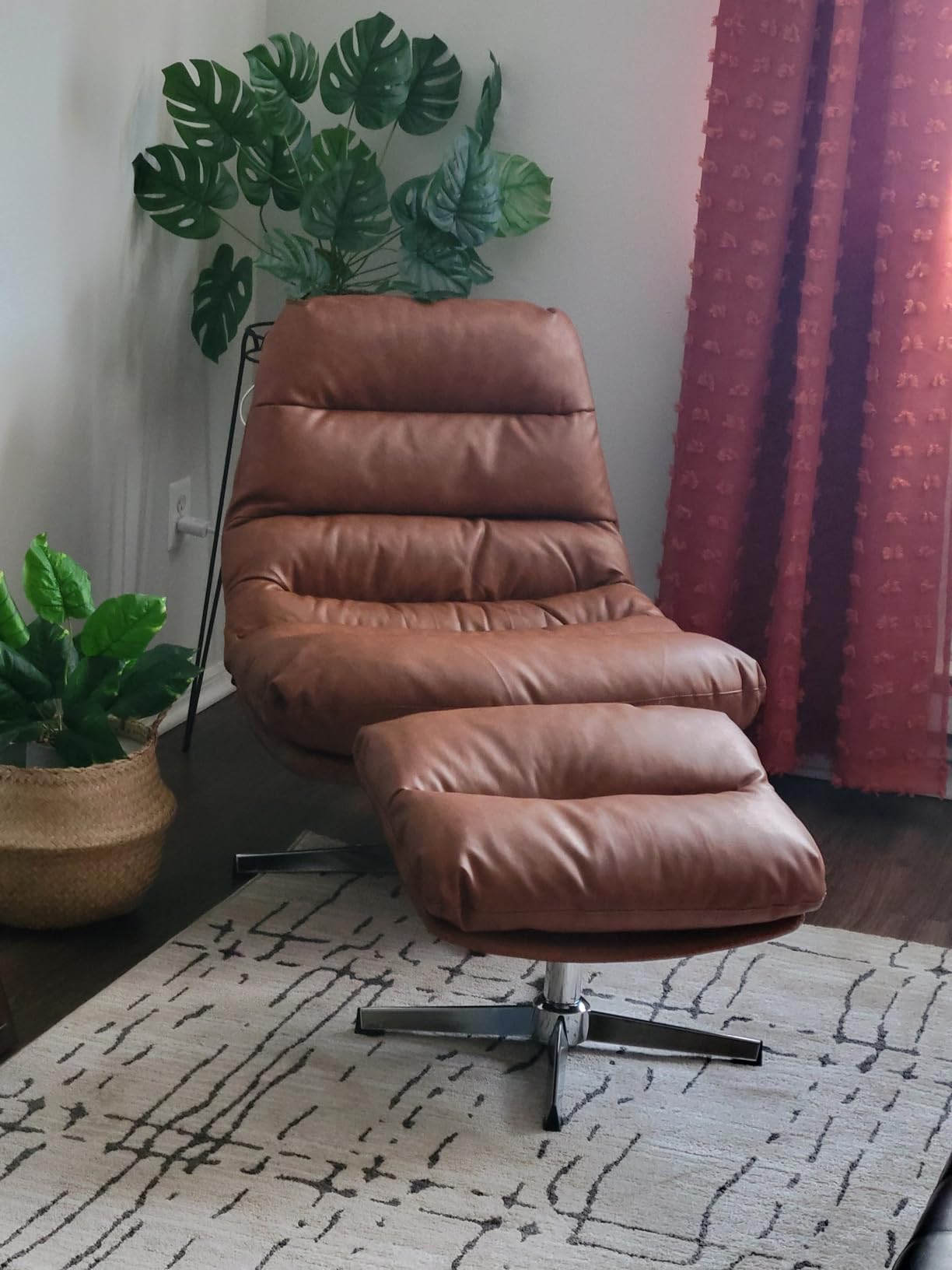 BESTANO Swivel Accent Chair with Ottoman, Mid Century Modern Faux Leather Lounge Chair with footrest, Comfy Oversized Armchair with 360 Degree Metal Base for Living Room Bedroom, Brown customer photo 2
