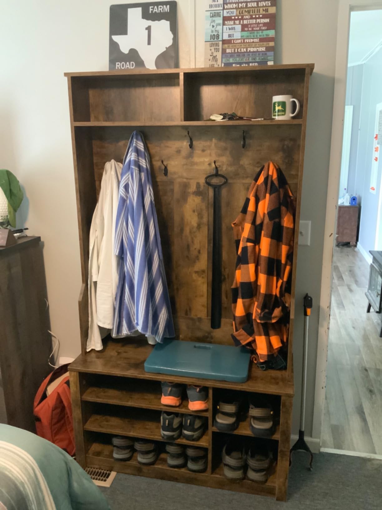 Aiho Entryway Hall Tree with Bench and Storage, 5-in-1 Hall Tree with Coat Rack, Adjustable Shoe Bench, 2-Tier top Storage, for Hallway, Entryway, Bedroom, Rustic Brown customer photo 1