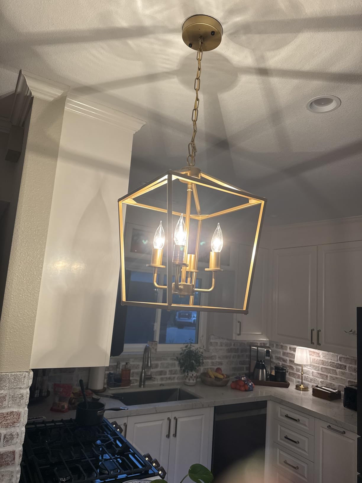 Industrial 4 Lights Chandelier, Gold Lantern Ceiling Light Fixtures with Rustic Metal Cage Adjustable Height Farmhouse Geometric Hanging Light for Kitchen Island, Dining Room, Entryway, UL Listed customer photo 1