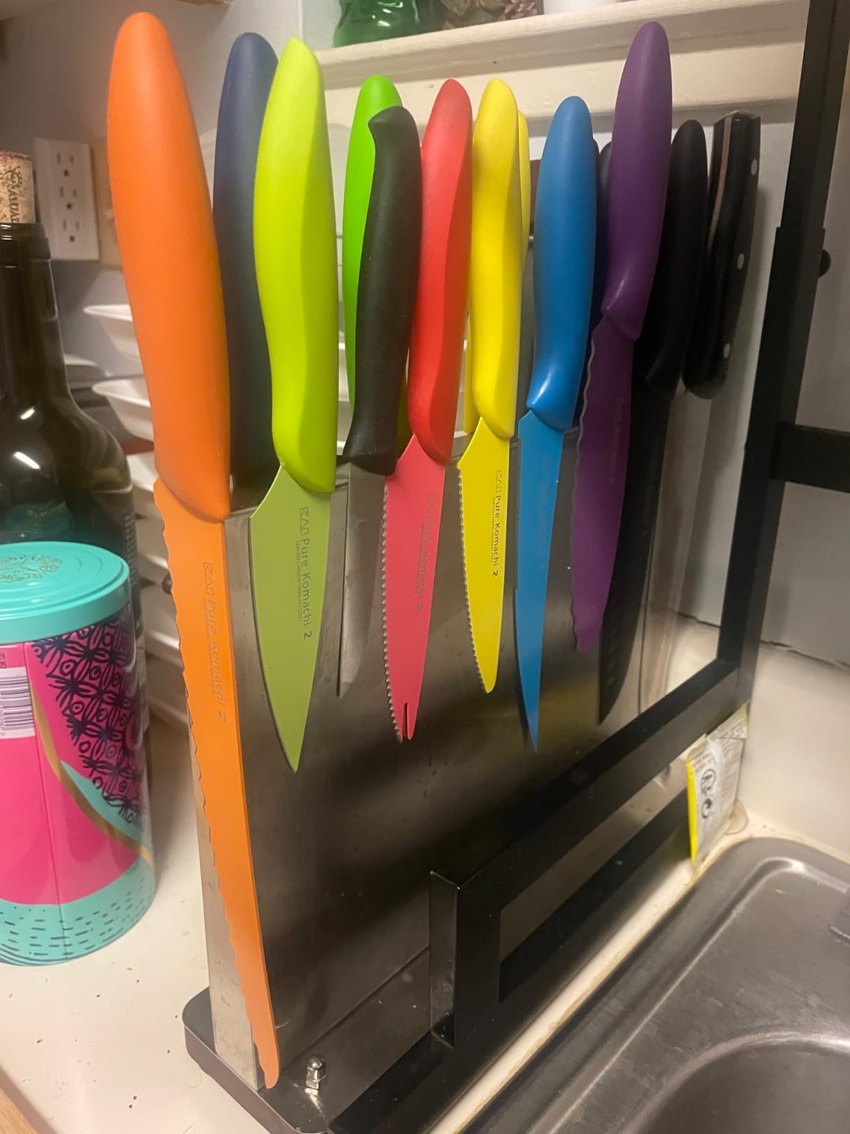 Magnetic Knife Block,Stainless Steel Magnetic Knife Holder Rack for Kitchen Counter,Strong Double Sided Magnet Knife Storage Stand with Wood Base customer photo 2