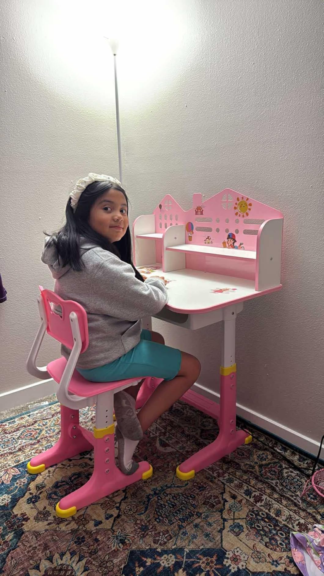 Kids Adjustable Study Desk & Chair Set with Storage,Drawers,Bookshelf,Child Toddler Writing Homework Table, Little Girl Work Computer Princess Preschool Desk (Pink A) customer photo 2