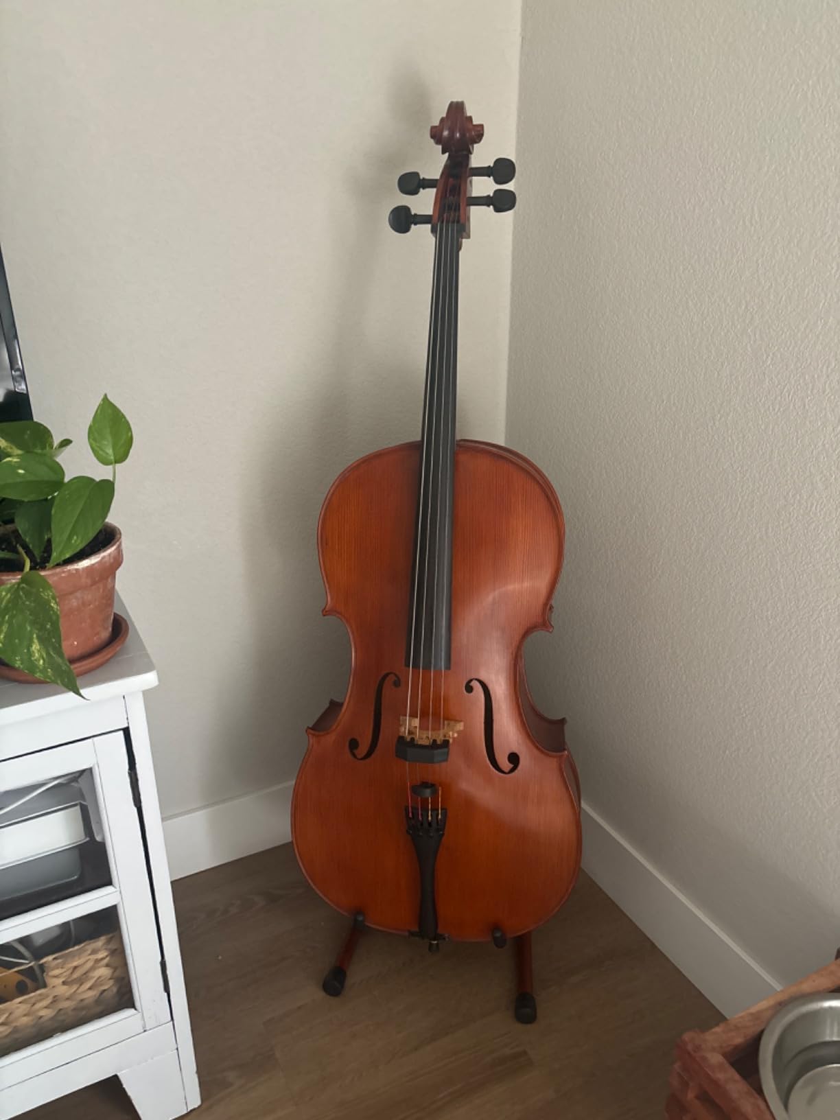 Cello Stand with Bow Holder, Mahogany Wood A-Shape Rack for Cello & Guitar customer photo 2