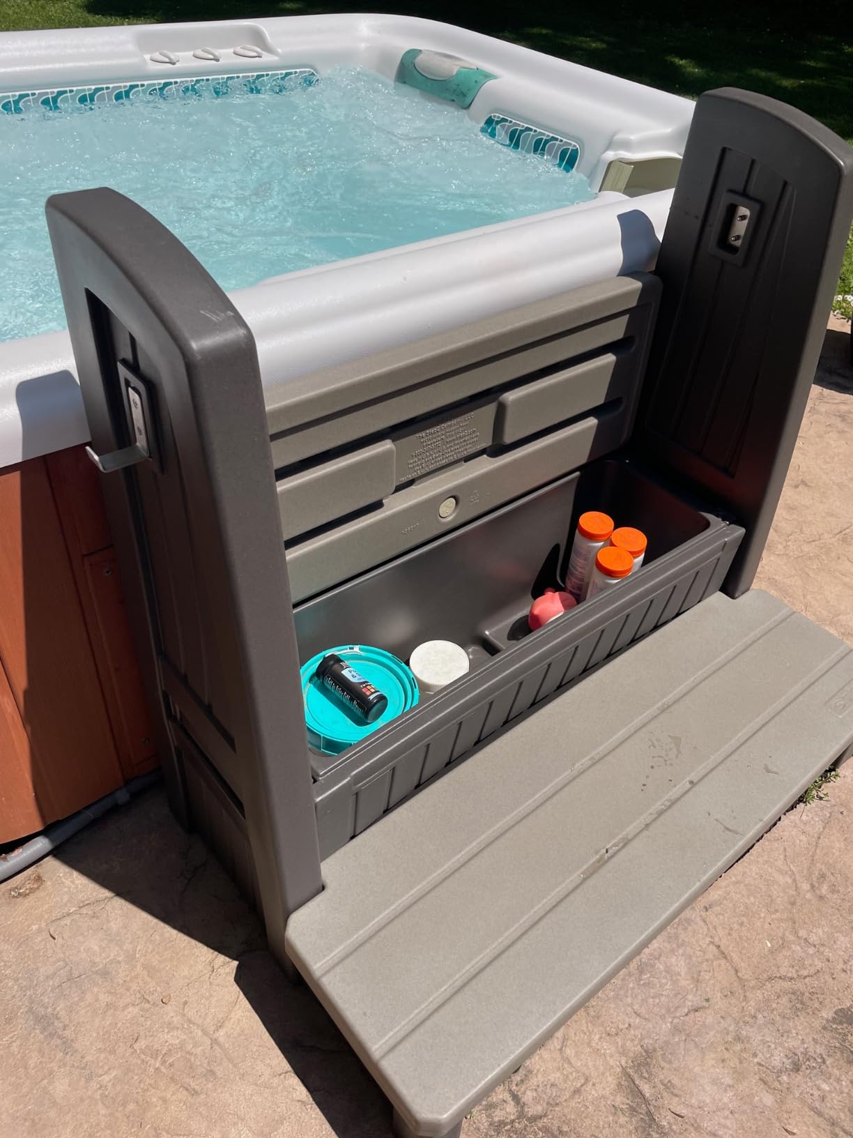 Step2 Hot Tub Storage Steps with Handrails, 2-Step Stool, Waterproof Stairs for Outdoor/Indoor Pool or Jacuzzi, Made of Durable Plastic, Dark Cedar customer photo 1