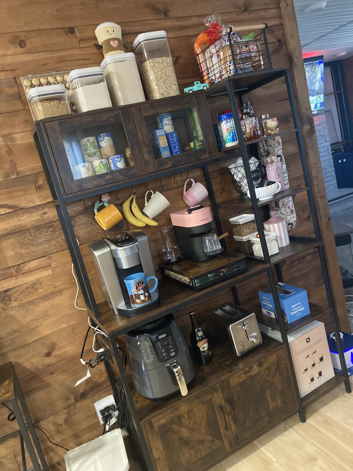 Itaar Bakers Rack with Power Outlet and LED Light, 45.3 Inch Farmhouse Coffee Bar Cabinet, Kitchen Microwave Stand with Storage, Glass Cabinet, Goblet Holder and 8 Hooks (Rustic Brown) customer photo 1