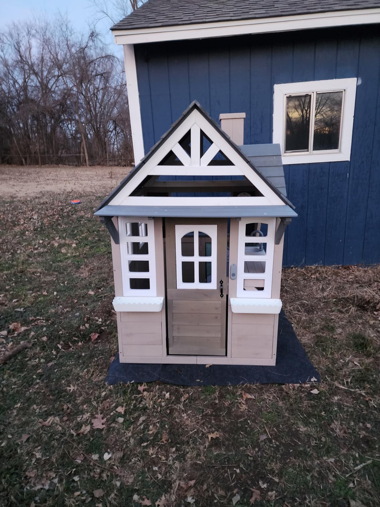 Kids Outdoor Playhouse,Cedar Gray Wooden Play House for Kids Ages 3-8, with Play Kitchen, Interactive Doorbell, Toy Phone, Sink, Flowerpot customer photo 1