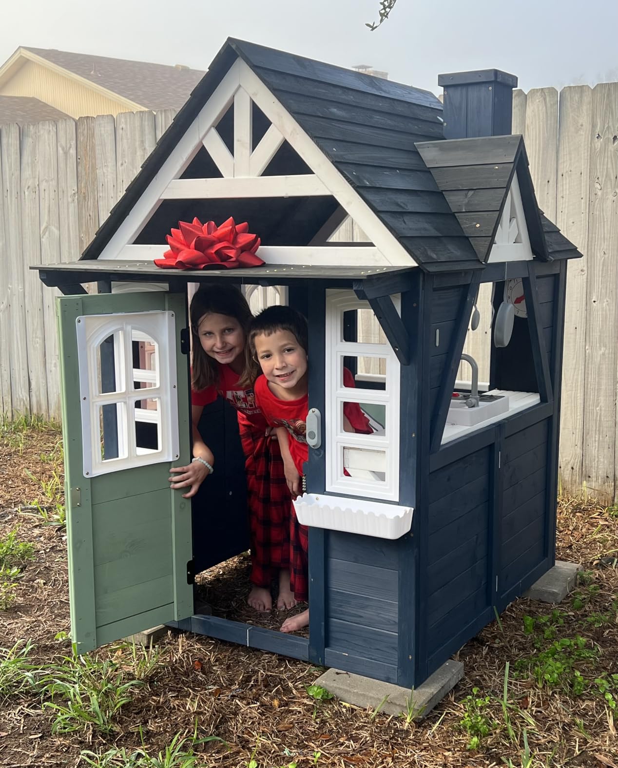 Kids Outdoor Playhouse,Cedar Gray Wooden Play House for Kids Ages 3-8, with Play Kitchen, Interactive Doorbell, Toy Phone, Sink, Flowerpot customer photo 2