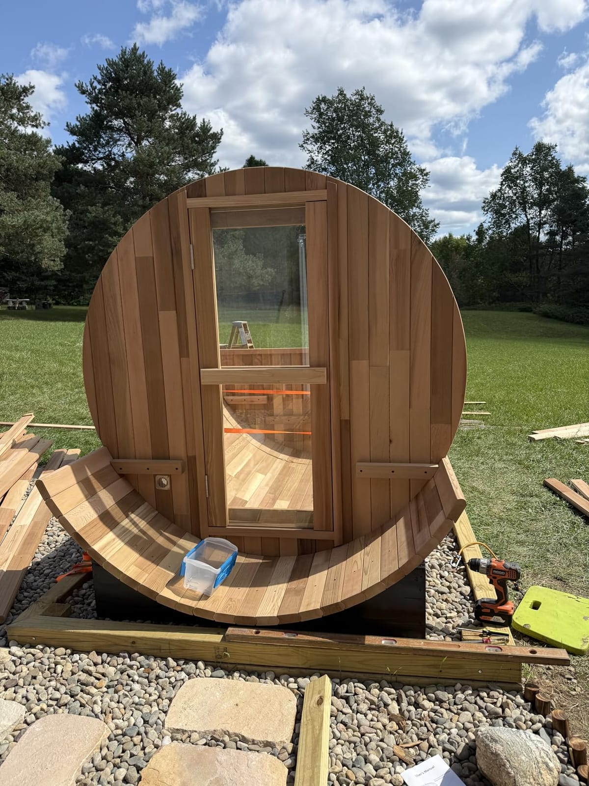 Wood Burning Sauna 4 Person, Outdoor Canadian Red Cedar Barrel Sauna with Porch, Back Half Glass Window, Triple Waterproofing System, with Volcanic Rocks, Wooden Bucket and Spoon customer photo 2