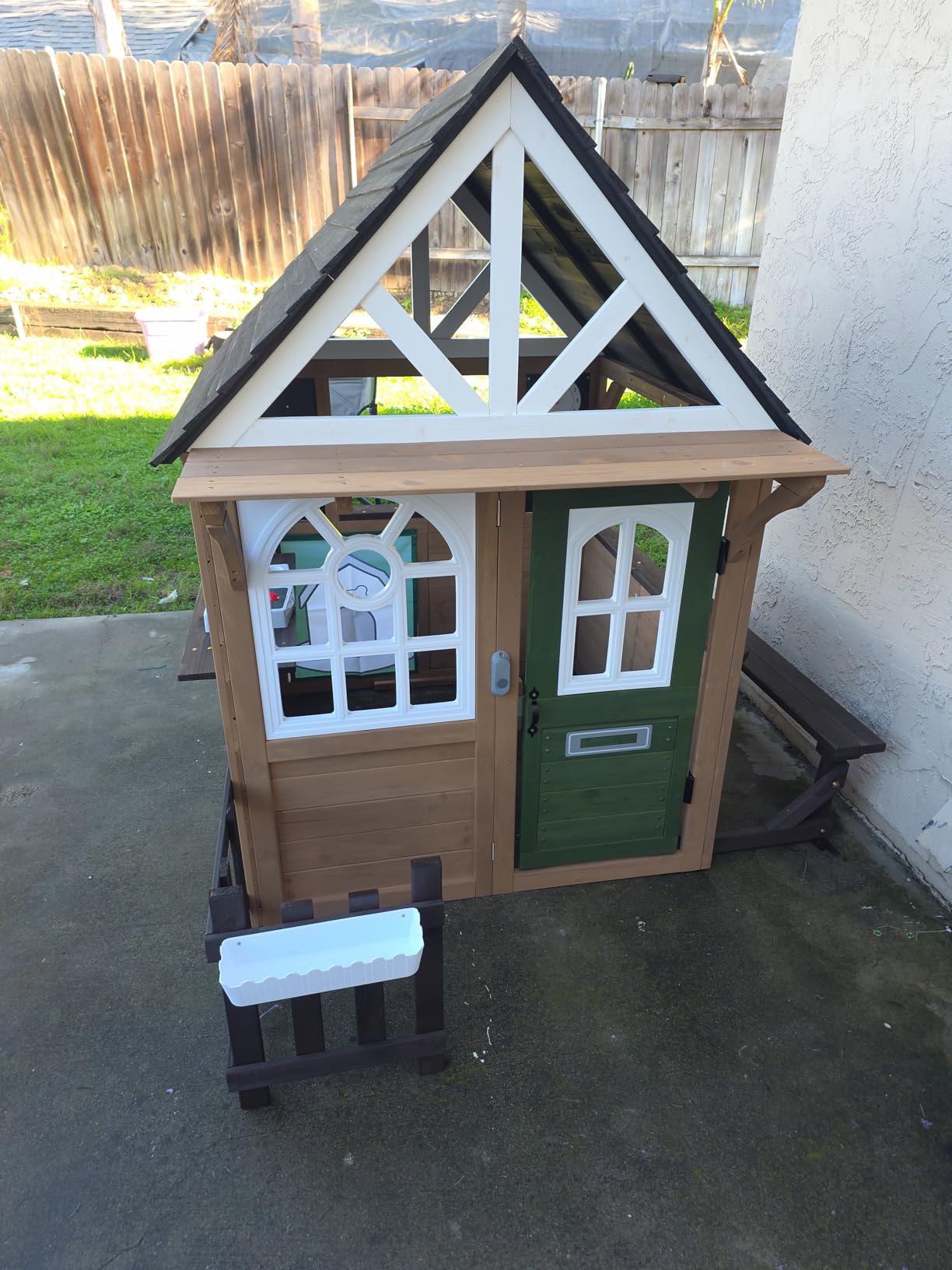 Seizeen Outdoor Play House for Kids, Fir Wooden Kids Playhouse Outdoor Indoor Cottage Toddler Playhouse with Kitchen, Dutch Door, Bench, Flowerpot Holders, Working Doorbell, Pet Hole, Clock (Brown) customer photo 2