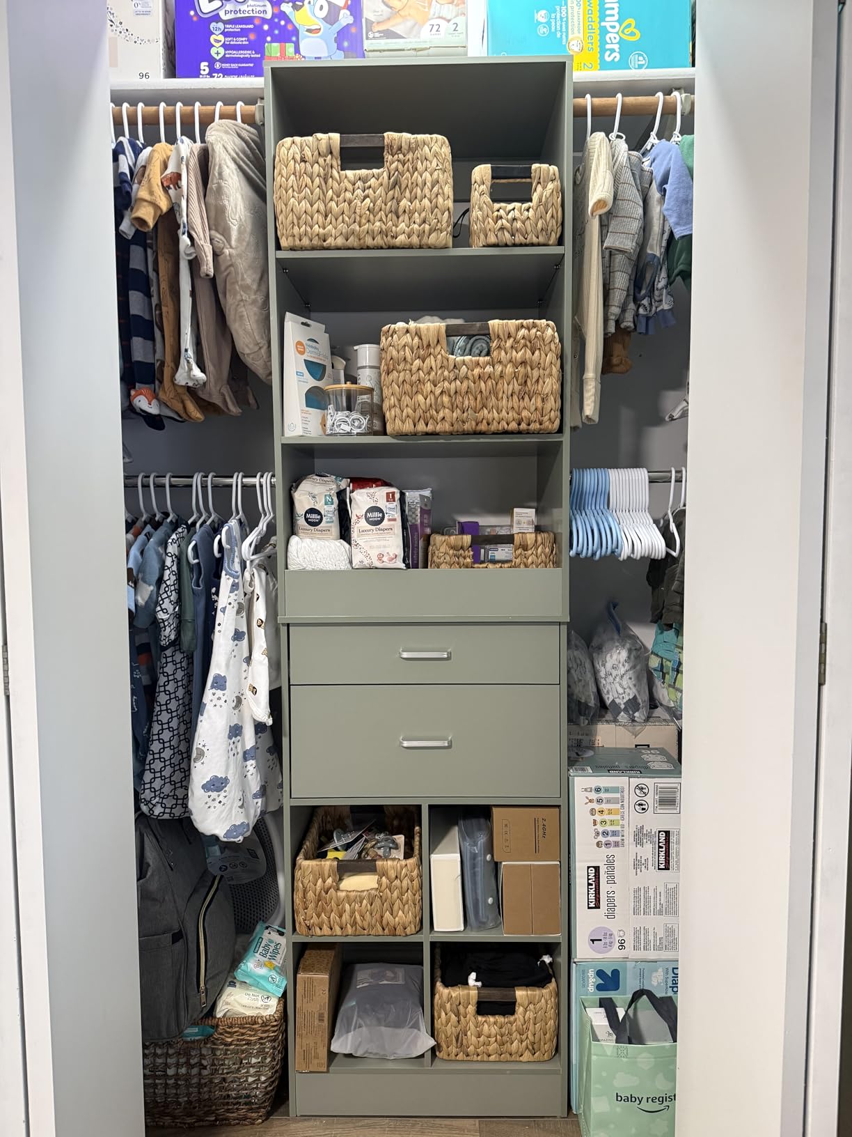 Besiost Closet System, 4-8 FT Closet Organizer Tower with 2 Wooden Drawers and Shelves, Can Fit 60 to 96 inch Walk-in Closet System with 5 Hanging Rods, Built-in, White customer photo 2