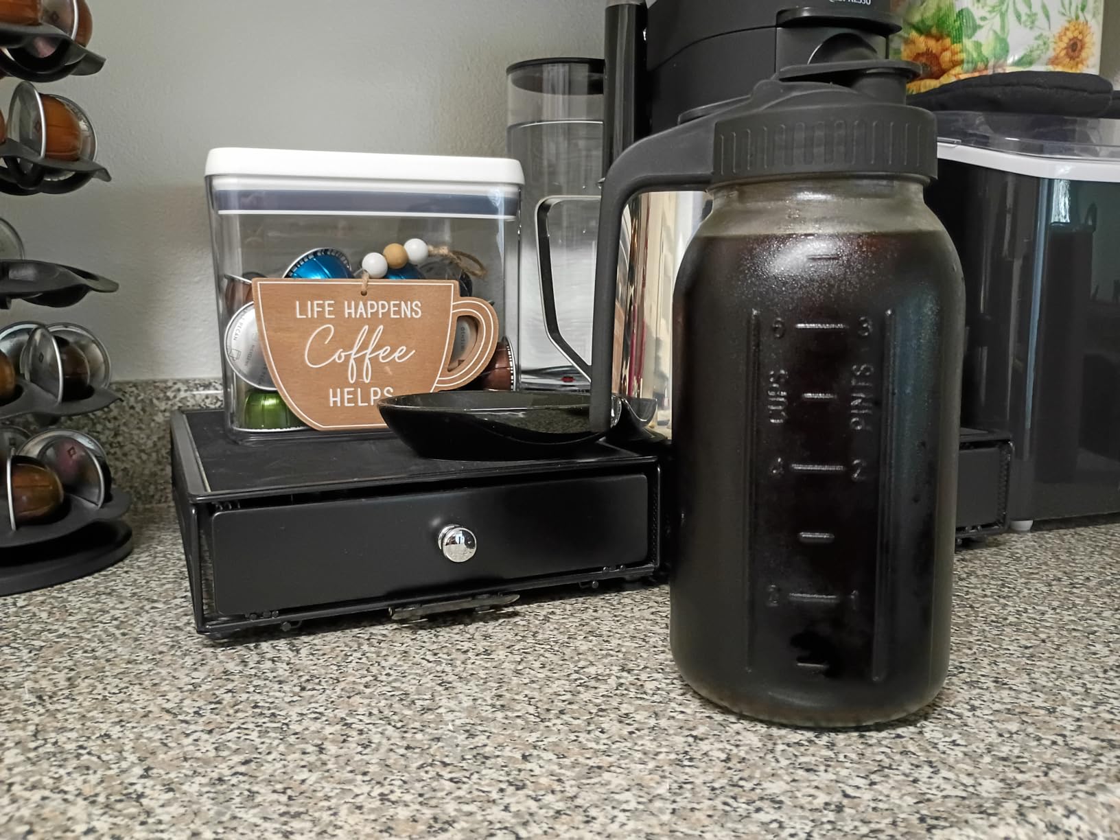 Cold Brew Coffee Maker, 64oz Mason Jar Pitcher with Stainless Steel Filter, Sealed, Leak-Proof Lid with Pour Spout & Handle, Heavy Duty Glass Iced Coffee Tea Brewer with Non-Slip Silicone Base-Black customer photo 2
