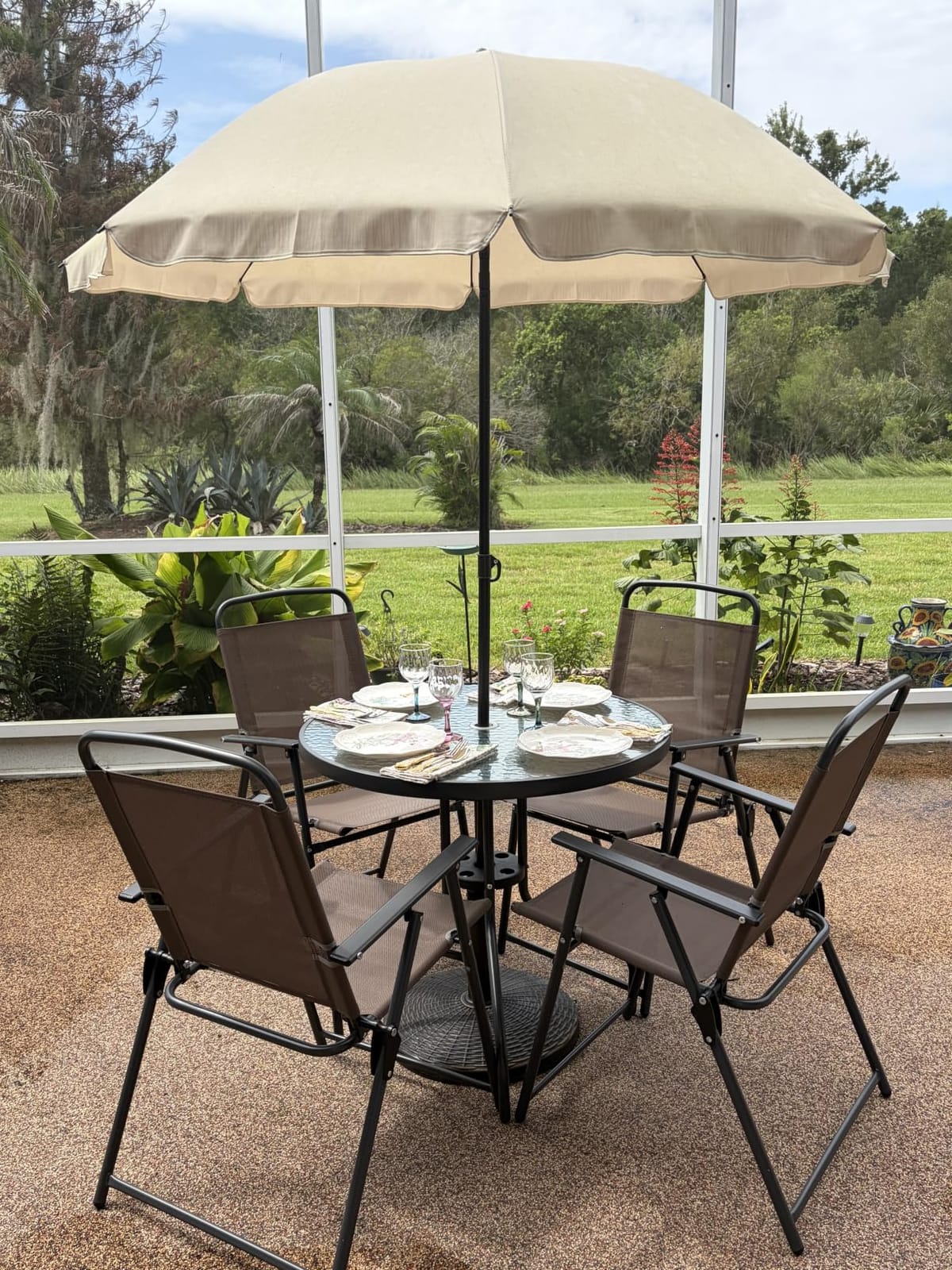 Shintenchi 6 Piece Patio Dining Set with Umbrella, Outdoor Furniture Set with 4 Folding Chairs and Tempered Glass Top Dining Table fot Lawn Backyard Garden Porch Brown and Beige customer photo 1