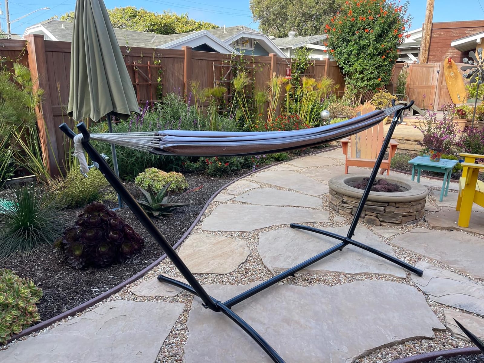 Backyard Expressions Double Camping Hammock with Steel Stand & Carrying Bag, Adjustable Height, Ultra Soft Cotton Blend, 550 lb Capacity, Indoor & Outdoor Portable Hammock customer photo 2