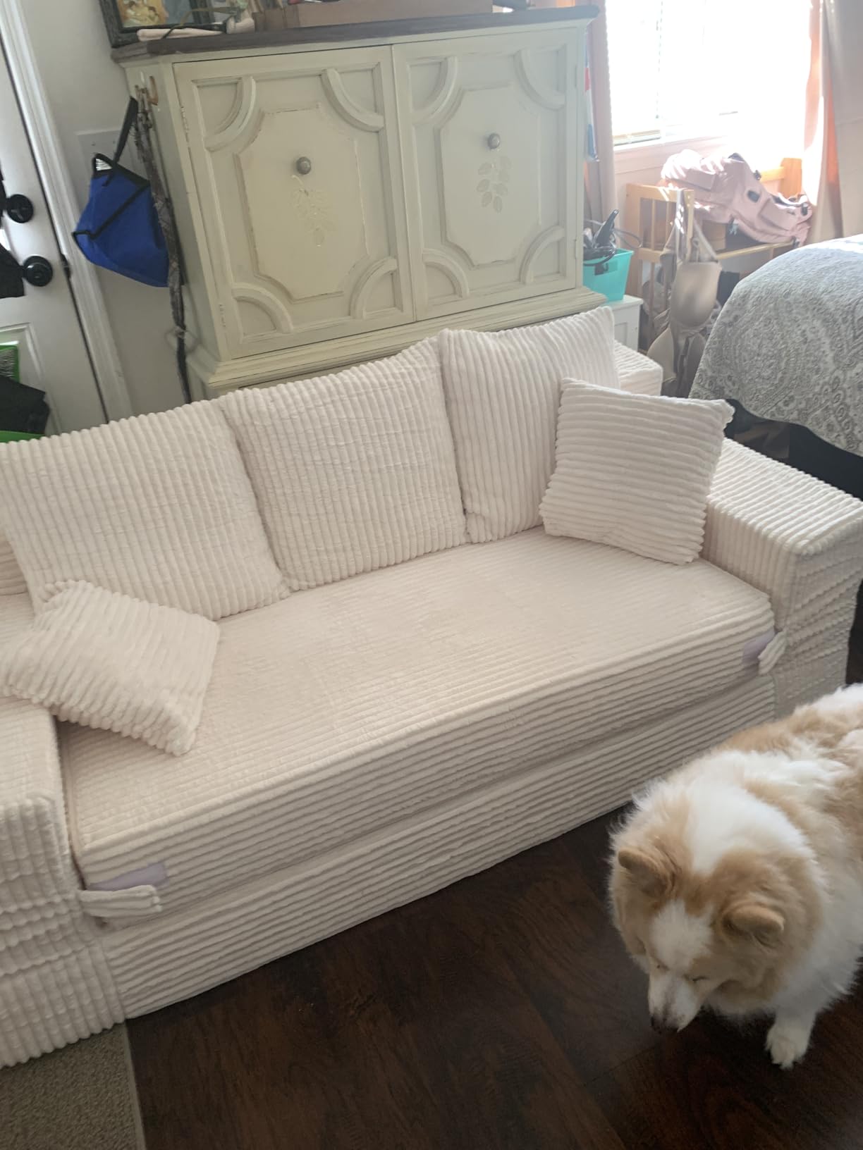 Boneless Couch for Living Room, 3 Seater Convertible Futon Sofa Bed Comfy Pull Out Couch with 5 Pillows & Detachable Washable Cover, Upholstered Floor Sofa in A Box, No Assembly Required, Grey customer photo 2