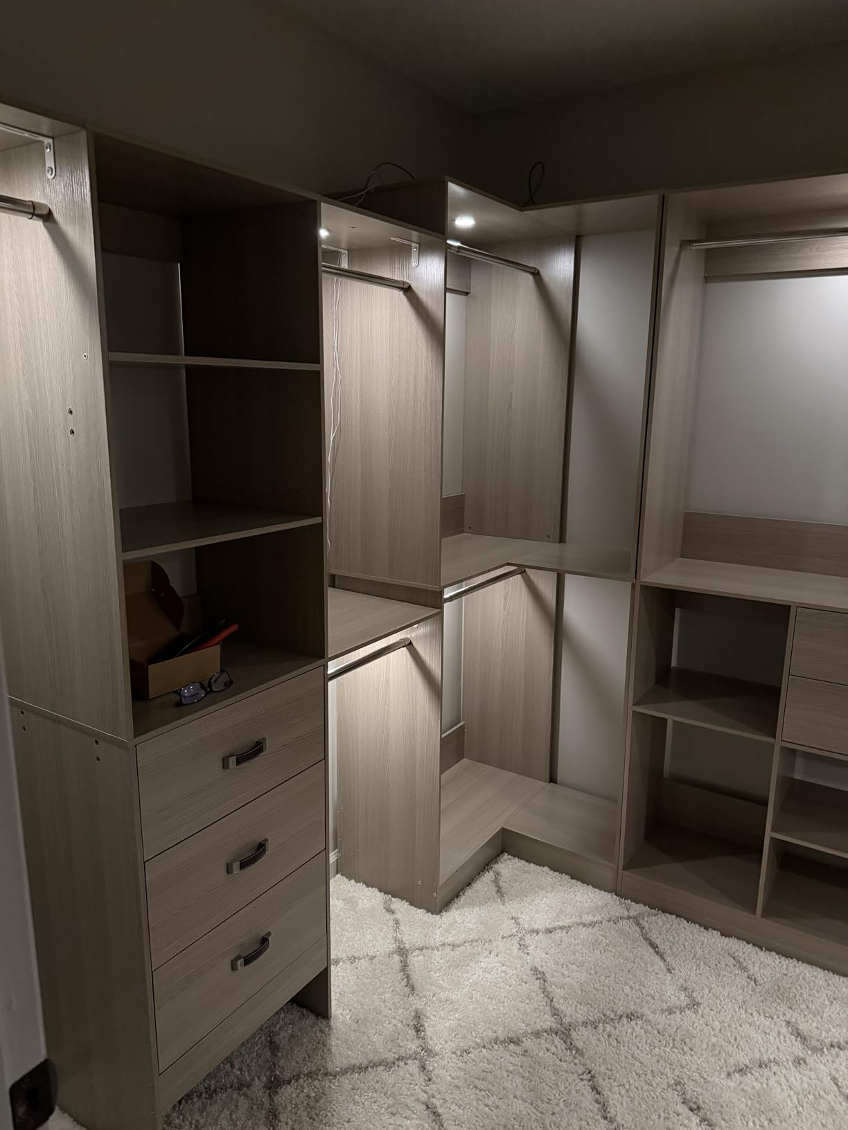 Armocity 96 Inches Closet System with Doors, 8FT Walk In Closet Organizer with 3 Shelving Towers, Heavy Duty Clothes Garment Rack with 3 Wood Drawers, 96