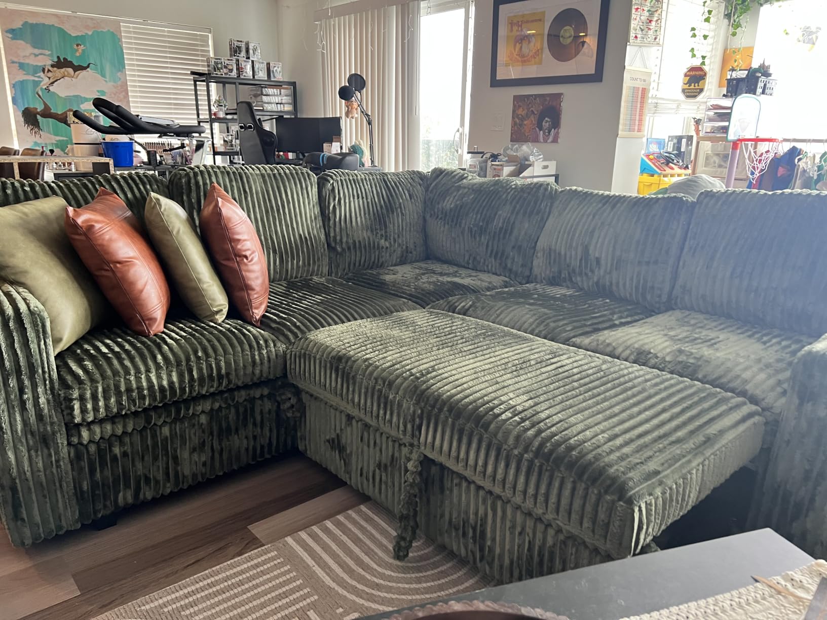 HONBAY Modular Sectional Sleeper Sofa with Pull Out Bed Oversized Corduroy L Shaped Sofa Bed with Storage Couches for Living Room,Green customer photo 2
