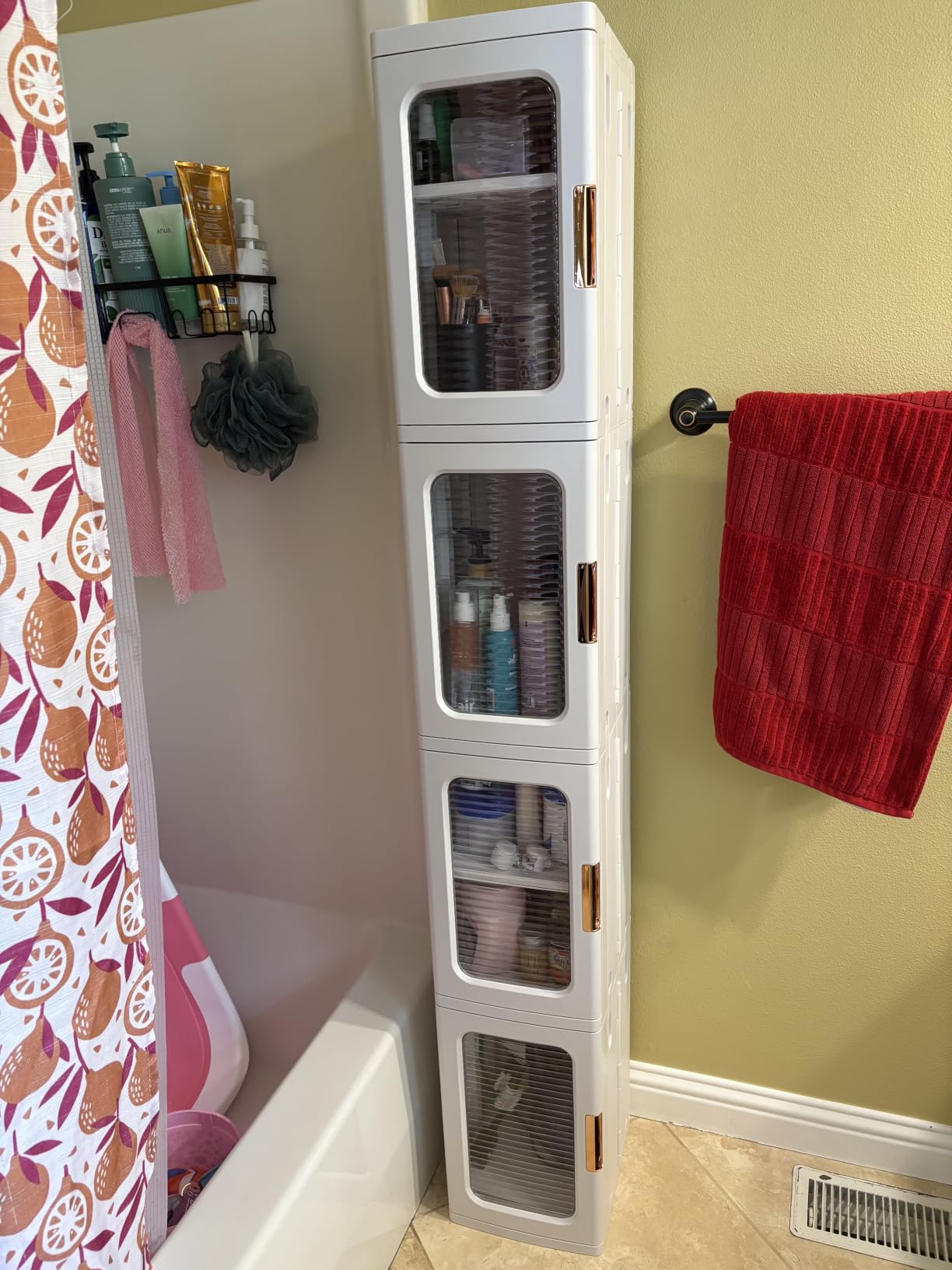 Tall Narrow Storage Cabinet with Movable Wheels, Adjustable Shelves & Magnetic Doors – Foldable Slim Plastic Organizer for Bathroom, Kitchen, Laundry, Ideal for Small Spaces(4-Tier,White) customer photo 2
